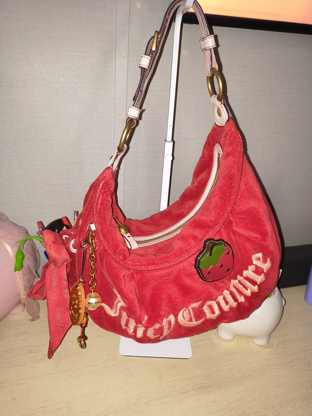 Juicy Couture Red Velour Hobo Bag with Strawberry Charm